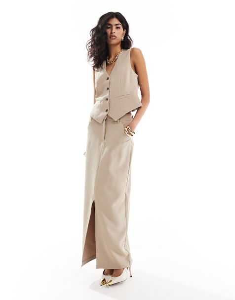 Pieces - Co-ord set van gilet en maxirok met figuurnaden in stone - view 1