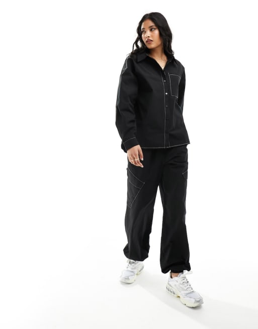 Pieces contrast stitch shirt and cargo trouser co-ord in black