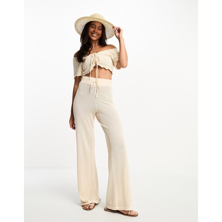 Pieces crochet crop top and wide leg pants set in beige | ASOS