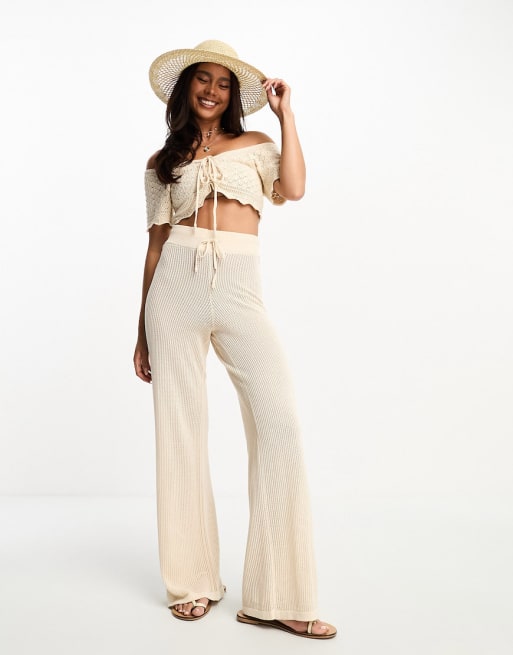 Pieces crochet crop top and wide leg pants set in beige