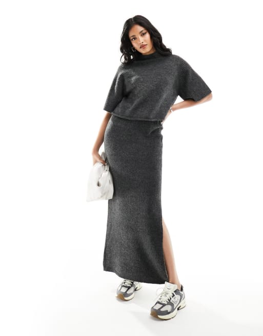 Pieces cropped sweater and skirt set in charcoal