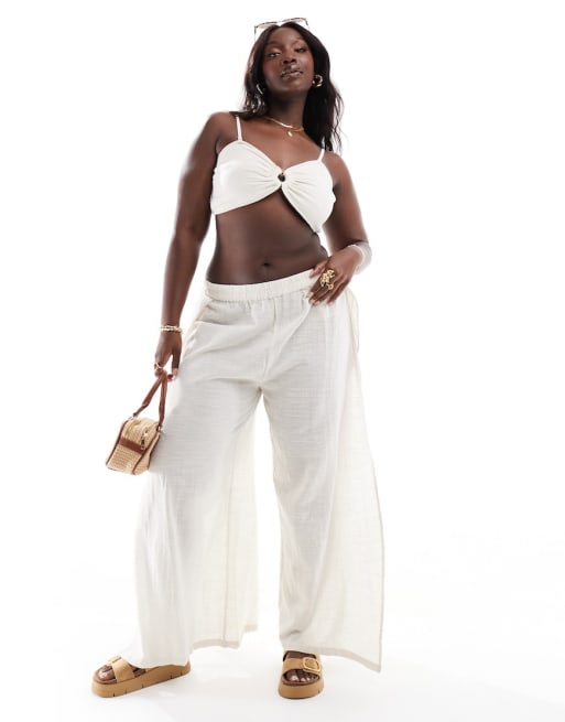Pieces Curve - Coordinato da spiaggia in cotone crema con top a fascia e pantaloni