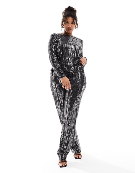 Pieces Curve sequin top and high waist pants set in black
