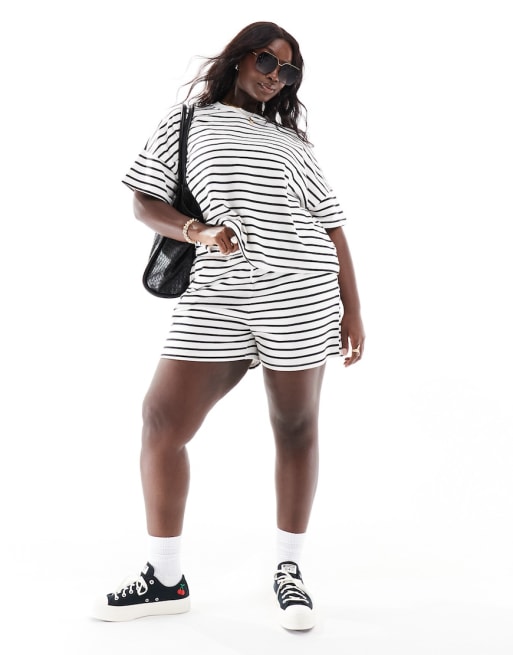 Pieces Curve sweats T-shirt and shorts set in mono stripe