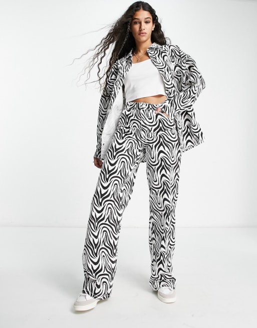 Pieces denim shirt & wide leg jeans co-ord in zebra print