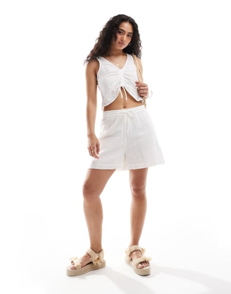 Pieces - Ensemble top noué sur le devant et short en tissu effet froissé - Blanc - view 1