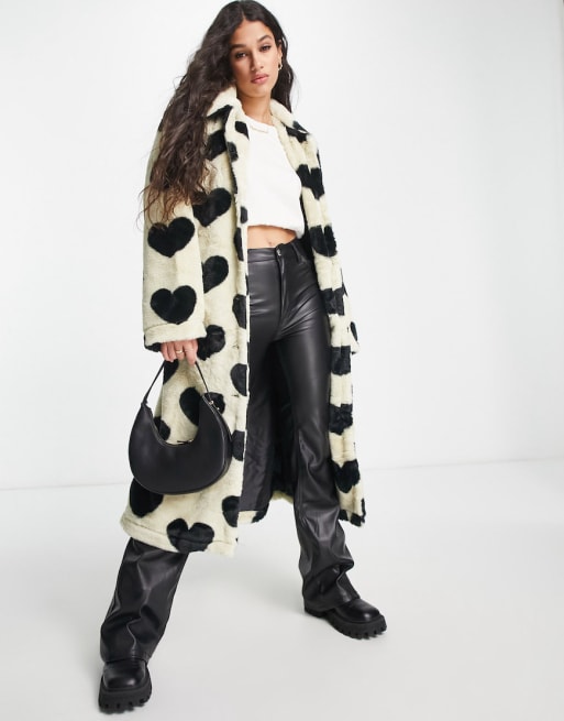 Pieces faux fur coat & bucket hat in black & white heart print | ASOS