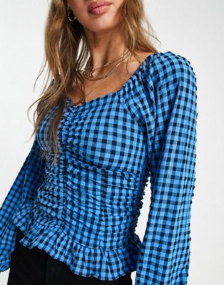 Pieces frill detail top & mini skirt in blue & black check