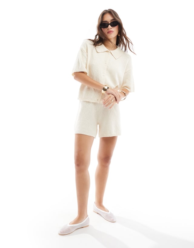 Pieces - knitted button through top and shorts co-ord in cream