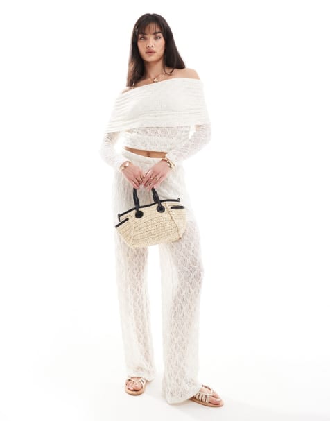 Pieces lace off shoulder top and pants set in cream - view 1