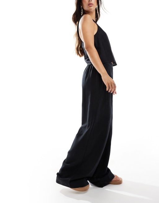 Pieces linen wrap front top and wide leg trouser co-ord in black