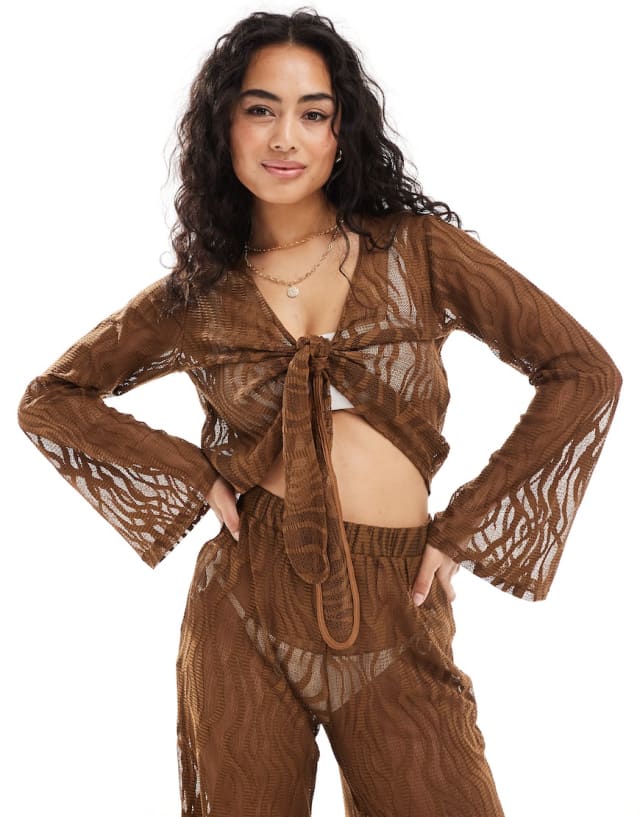 Pieces - mesh swirl detail beach top and trouser co-ord in brown