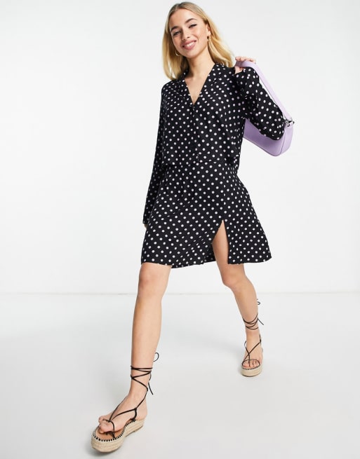 Pieces mini skirt & shirt set in black and lilac dot