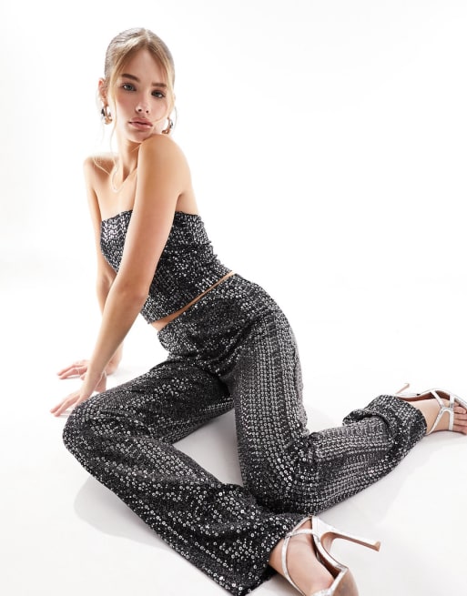 Pieces mix and match sequin long sleeve top, bandeau and high waisted pants set