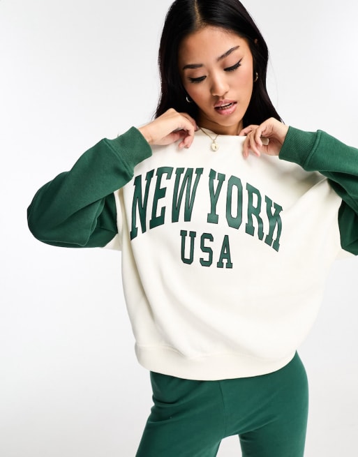 New York Oversized Sweatshirt & Leggings Set (Cream/Dk Green Print)