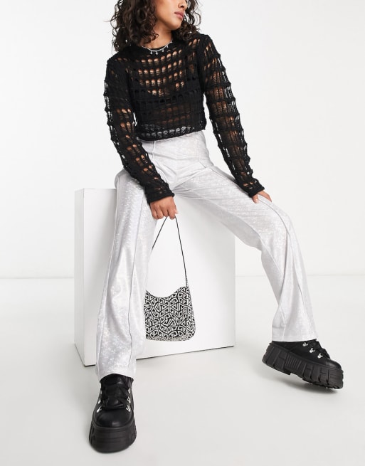 Pieces Petite Premium holographic one shoulder top & flare pants set in silver