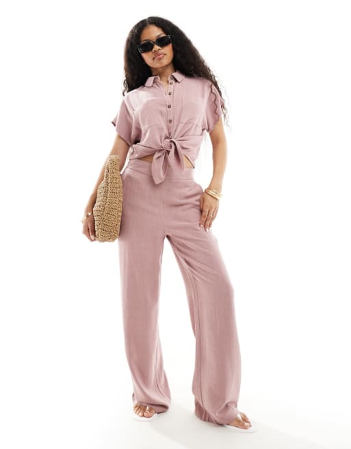 Pieces Petite tie front linen shirt and wide leg pants set in pink