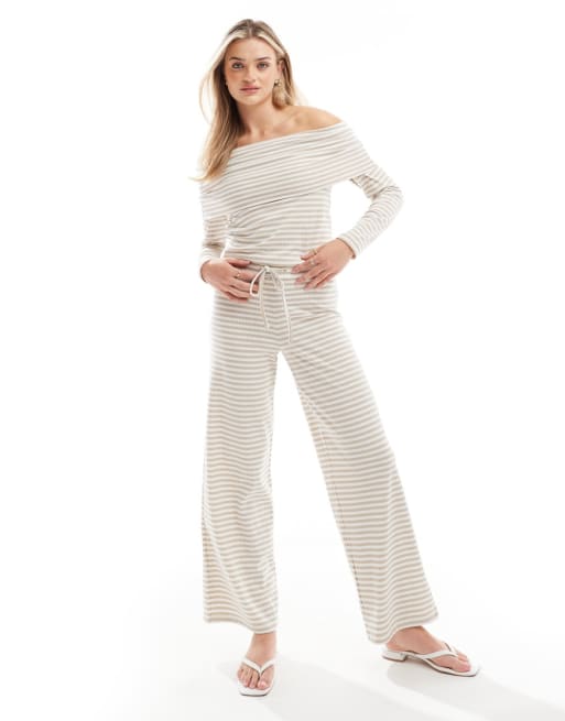 Pieces ribbed bandeau top and wide leg pants set in beige stripe
