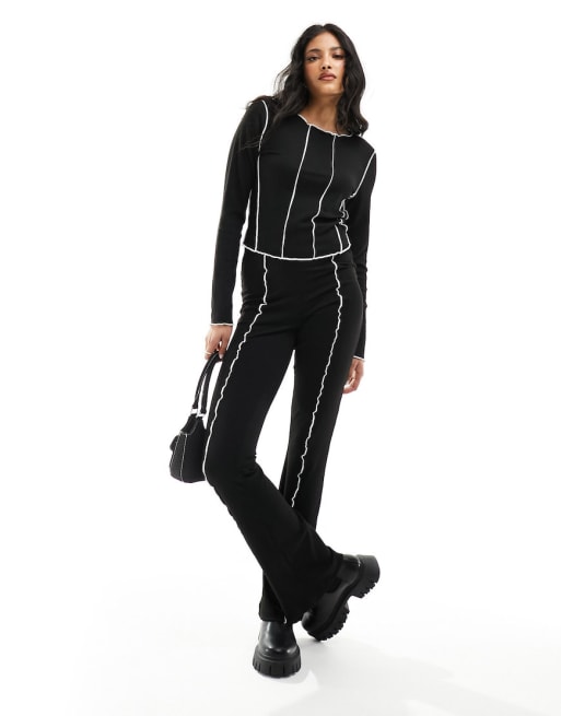 Pieces ribbed t-shirt and flared trouser co-ord with contrast stich in black