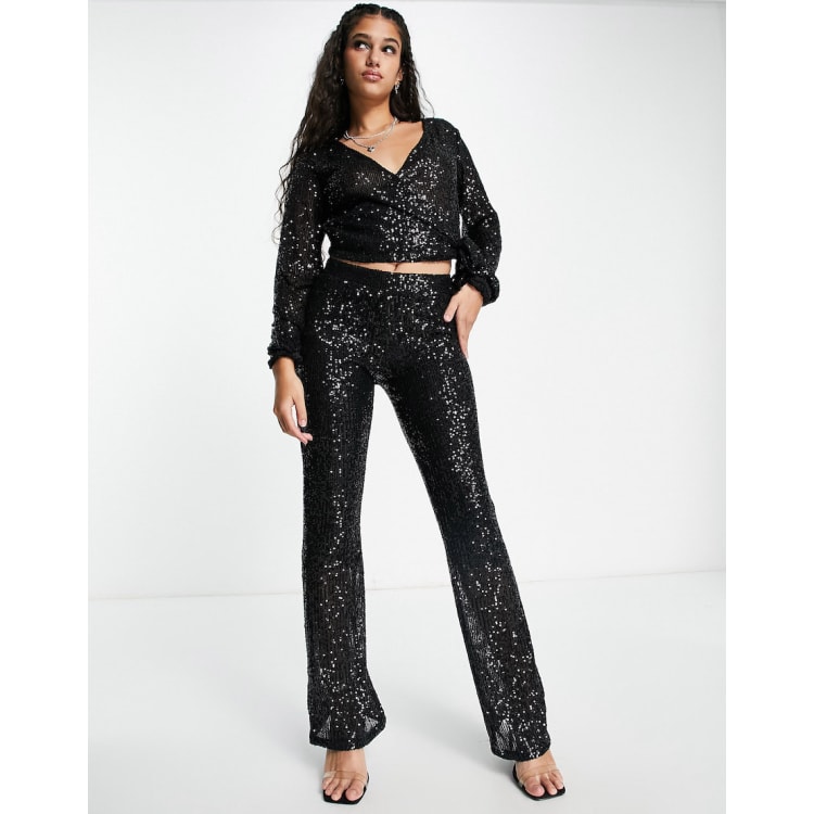 Pieces sequin top and flares set in black | ASOS