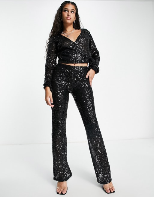 Pieces sequin top and flares set in black | ASOS