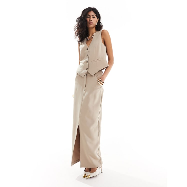 Pieces tailored vest and maxi skirt set in stone ASOS