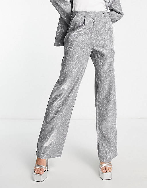 Pieces Tall tailored blazer and trousers co-ord in silver glitter | ASOS