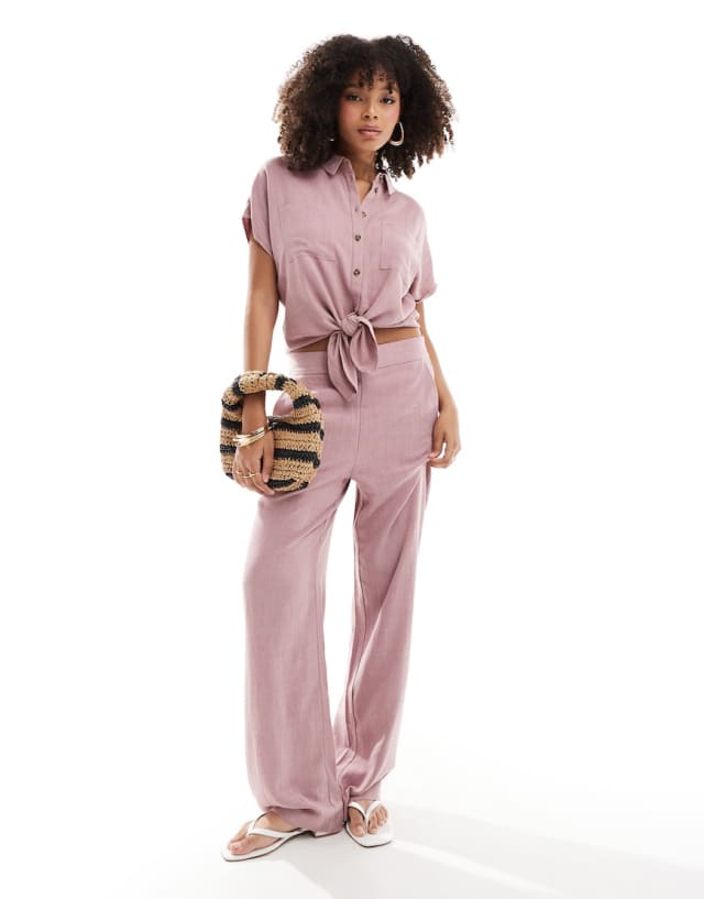 Pieces - tie front linen shirt and wide leg trouser co-ord in pink