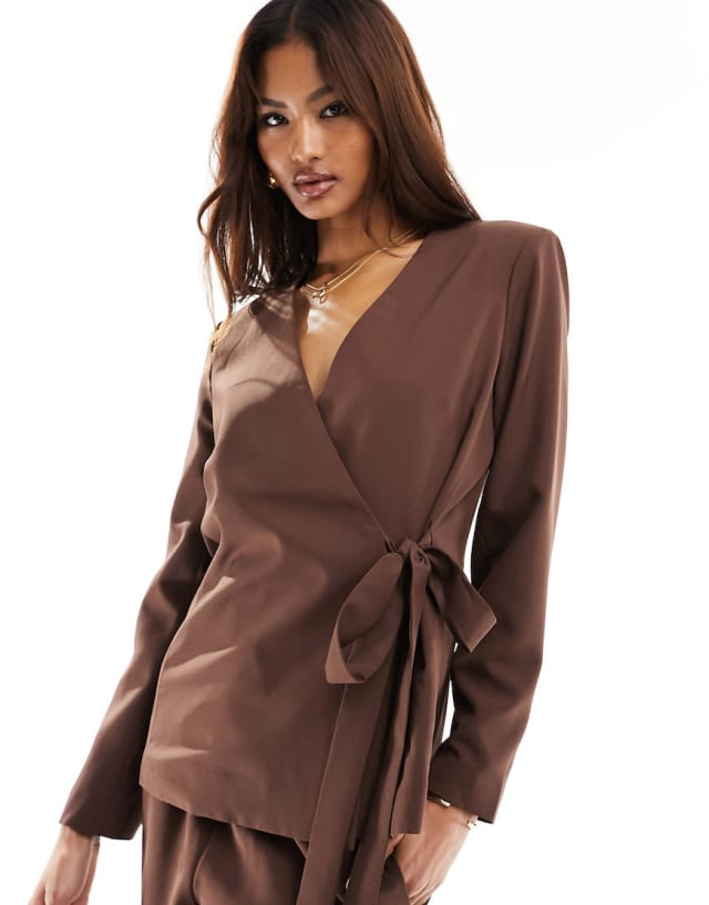 Pieces - wrap front blazer and formal woven jogger co-ord in chocolate brown