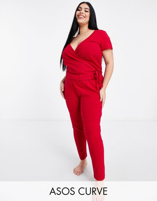 Pijama rojo con top cruzado y pantalón de pernera recta Mix & Match de ASOS DESIGN Curve