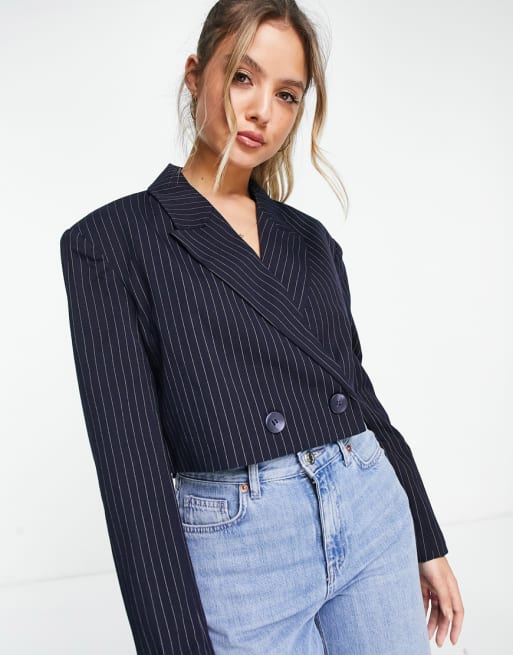 Pimkie - Pak met cropped blazer en broek in marineblauw met krijtstreep
