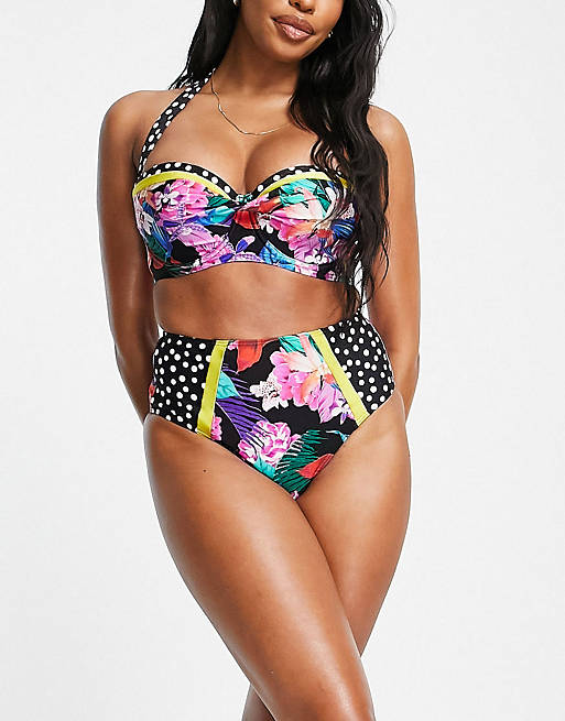 Pour Moi Fuller Bust In The Mix high waist bikini bottom in multi polka dot print