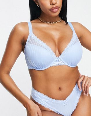 Pour Moi Fuller Bust Luxe Linear lace contour lightly padded plunge bra in blue