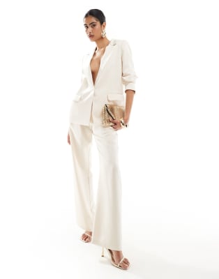 Pretty Lavish Bachelorette satin longline blazer and pants suit set in  ivory | ASOS
