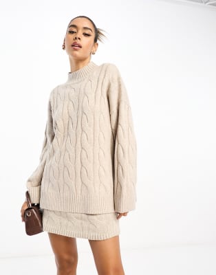 Long Sleeve Cable Knit Jumper Dress In Cream, Pieces