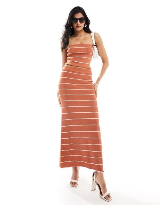Pretty Lavish knit bandeau top and skirt set in terracotta stripe