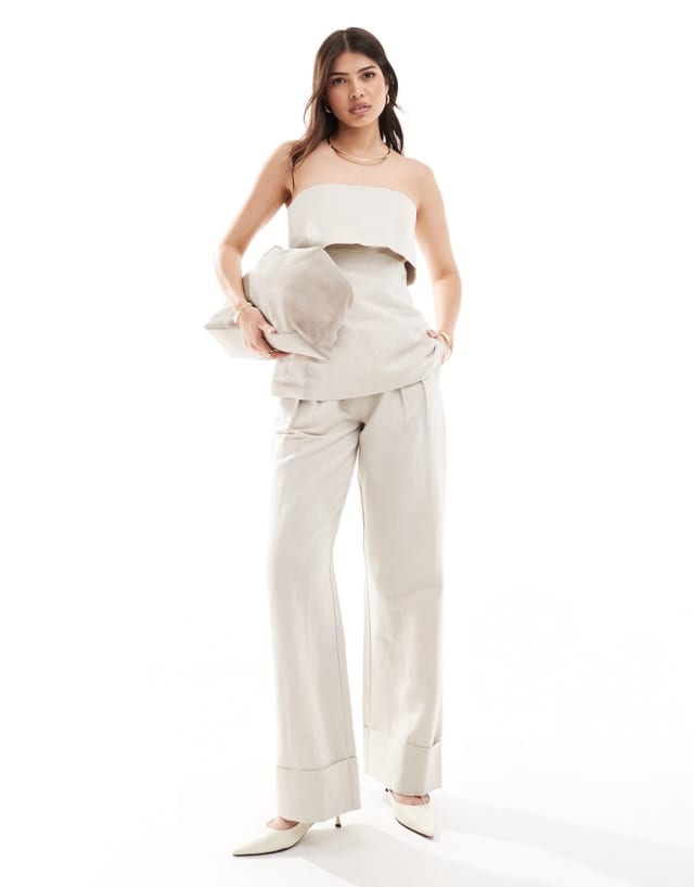 Pretty Lavish - linen blend bandeau top and wide leg trouser co-ord in stone