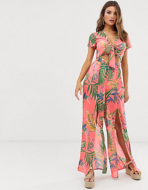 PrettyLittleThing co-ord beach top & wide leg trouser in coral tropical print