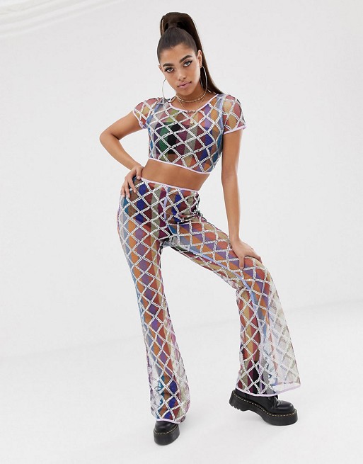 PrettyLittleThing festival crop top & flares co-ord in rainbow sequin mesh