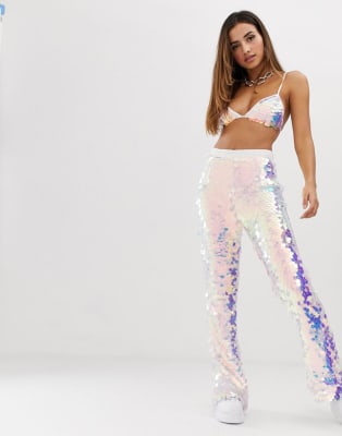 PrettyLittleThing festival sequin bralet co-ord in iridescent