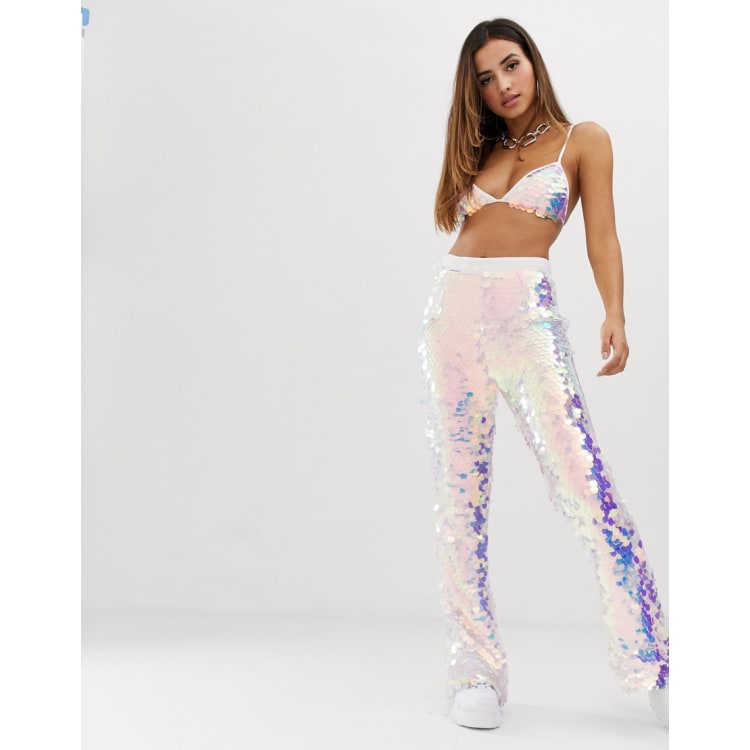 PrettyLittleThing festival sequin bralette & flares two-piece in iridescent  white | ASOS