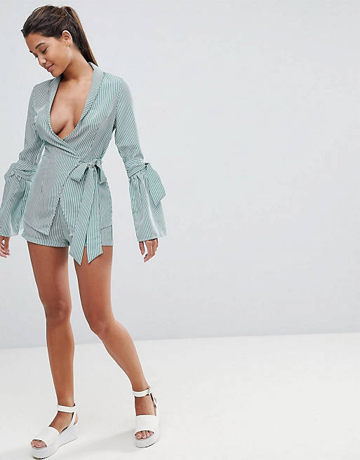 PrettyLittleThing Striped Sleeve Detail Wrap Jacket & Short Co-Ord