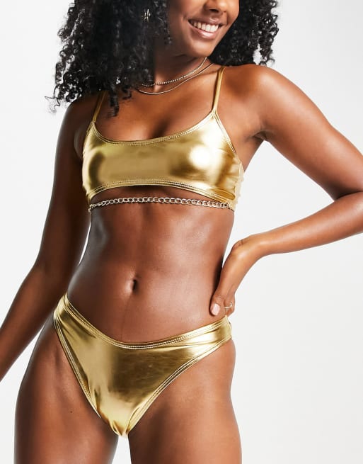 Public Desire crop bikini top detail in gold - GOLD |