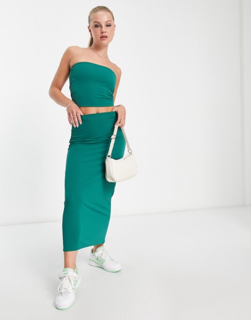 Pull&Bear bandeau cropped top and skirt set in emerald green
