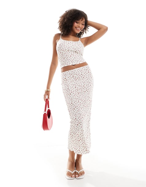Pull&Bear bow front cami and midi skirt co-ord in red floral - view 1