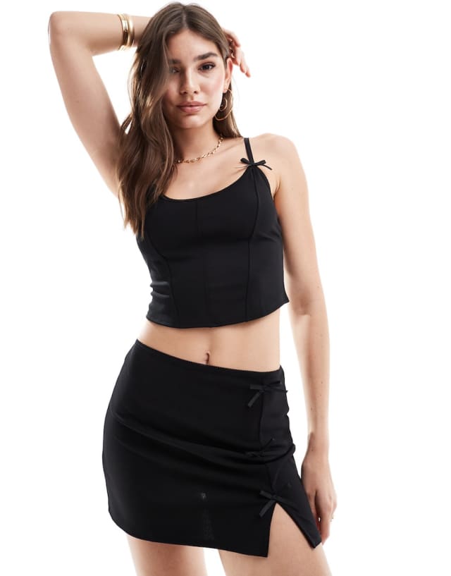 Pull&Bear - bow trim top and mini skirt co-ord in black