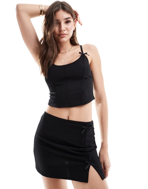 Pull&Bear bow trim top and mini skirt in black (part of a set)