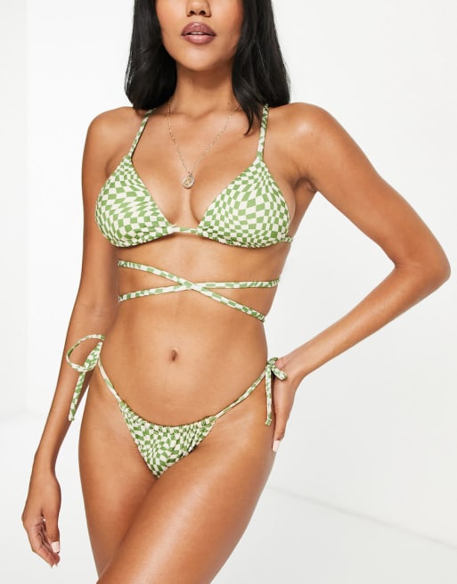Pull&Bear checkerboard cross front bikini co-ord in green