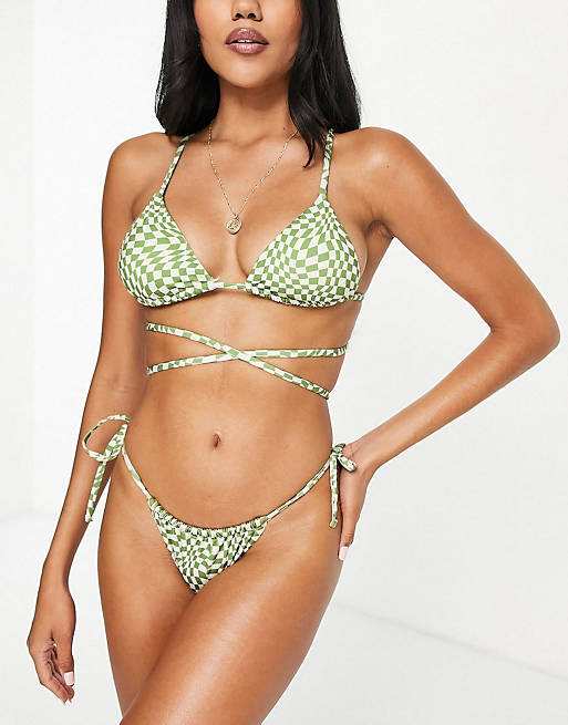 Pull&Bear checkerboard cross-front bikini set in green