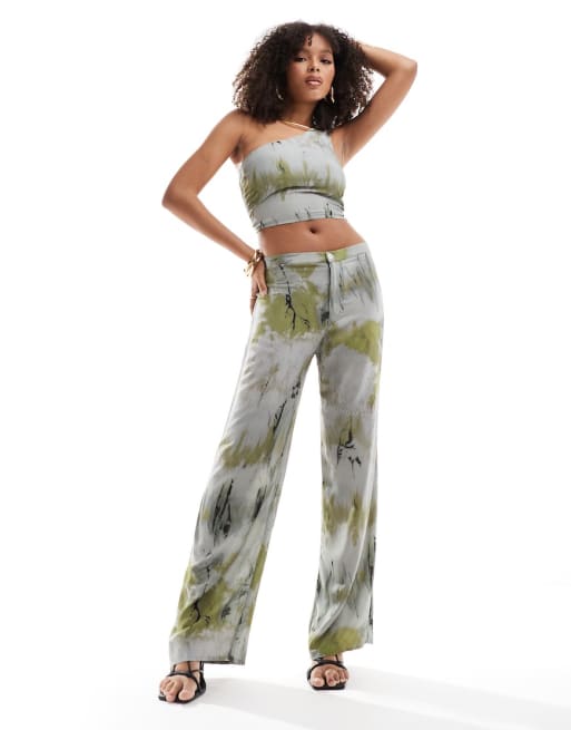 Pull&Bear - Co-ord set van crop top en broek in bruine tie-dye print